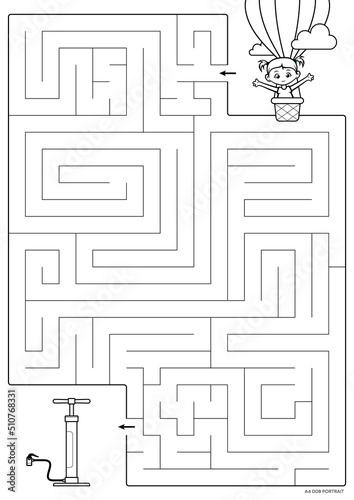 Vector black lines for maze print. A4 format. Educational maze coloring book with a cute cartoon little girl fly with baloon lookink pump. Landscape size.