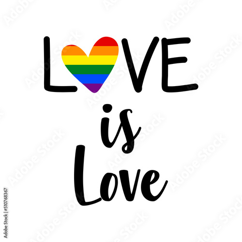 Banner con texto manuscrito Love is love. Corazón con bandera lgbt. Color arco iris. Vector para evento del mes del orgullo. Logo orgullo gay