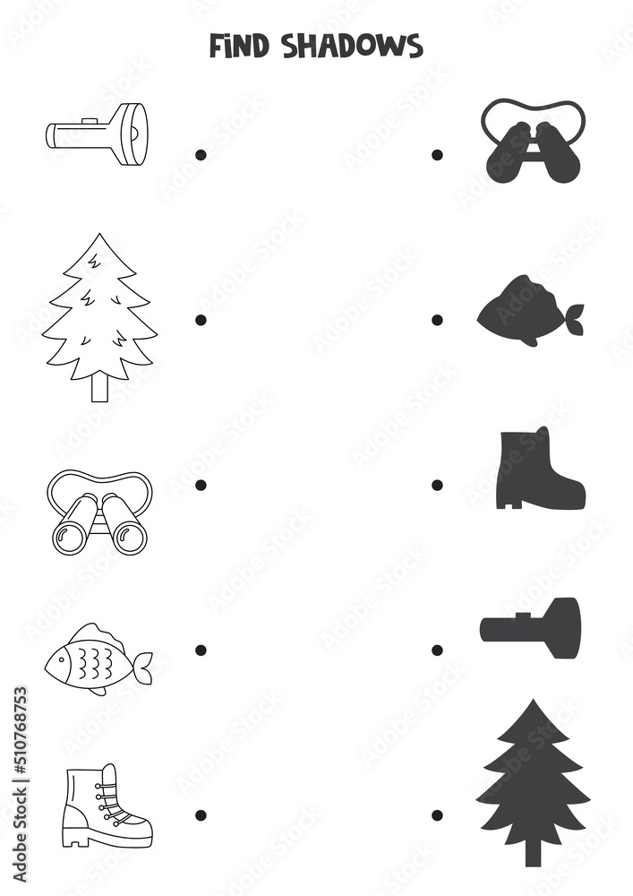 Find the correct shadows of black and white camping elements. Logical puzzle for kids. Find the correct shadows of black and white camping elements. Logical puzzle for kids.