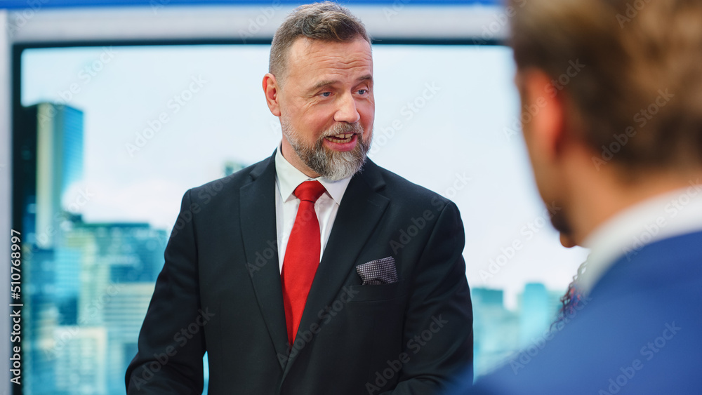 Talk Show TV Program: Portrait of White Male Expert Argues with other Guests, Presenter, Host about Politics, Economy, Science, News. Mock-up Cable Channel Studio Debate. Real Television Concept Talk Show TV Program: Portrait of White Male Expert Argues with other Guests, Presenter, Host about Politics, Economy, Science, News. Mock-up Cable Channel Studio Debate. Real Television Concept