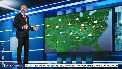 TV Weather Forecast Program: Professional Television Host Reviewing Weather Report in Newsroom Studio, Uses Big Screen with Visuals. Famous Anchorman Talks. Mock-up of Cable Channel Concept. photo