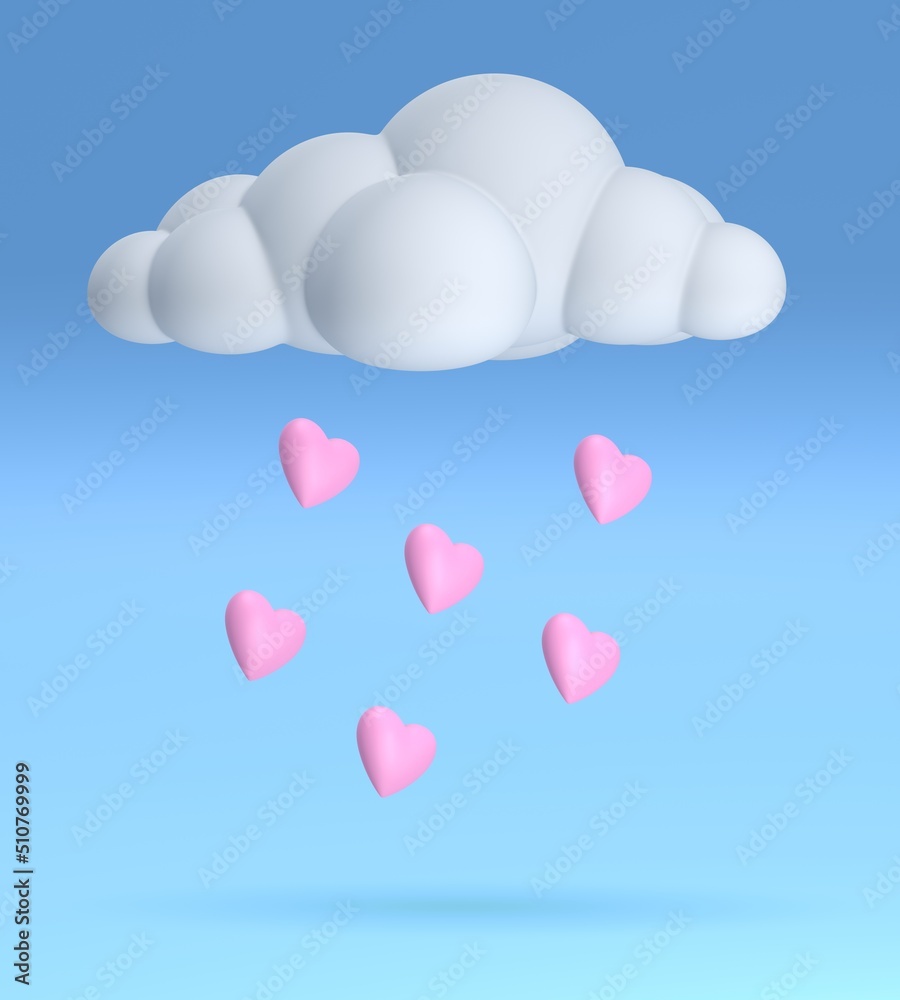 White cloud with rain of pink hearts on blue background. 3D rendering White cloud with rain of pink hearts on blue background. 3D rendering