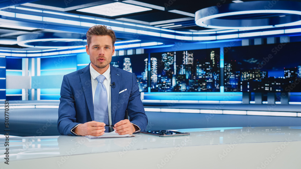 TV Live News Program: White Male Presenter Reporting On the Events, Science, Politics, Economy. Television Cable Channel Newsroom Studio: Anchorman Talks. Broadcasting Network with Mock-up - obrazy, fototapety, plakaty 