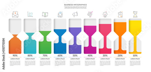 Vector creative infographics template with the hourglass. Modern business concept with 9 options. Timeline with nine icons for website, chart, web, diagram, banner, presentations