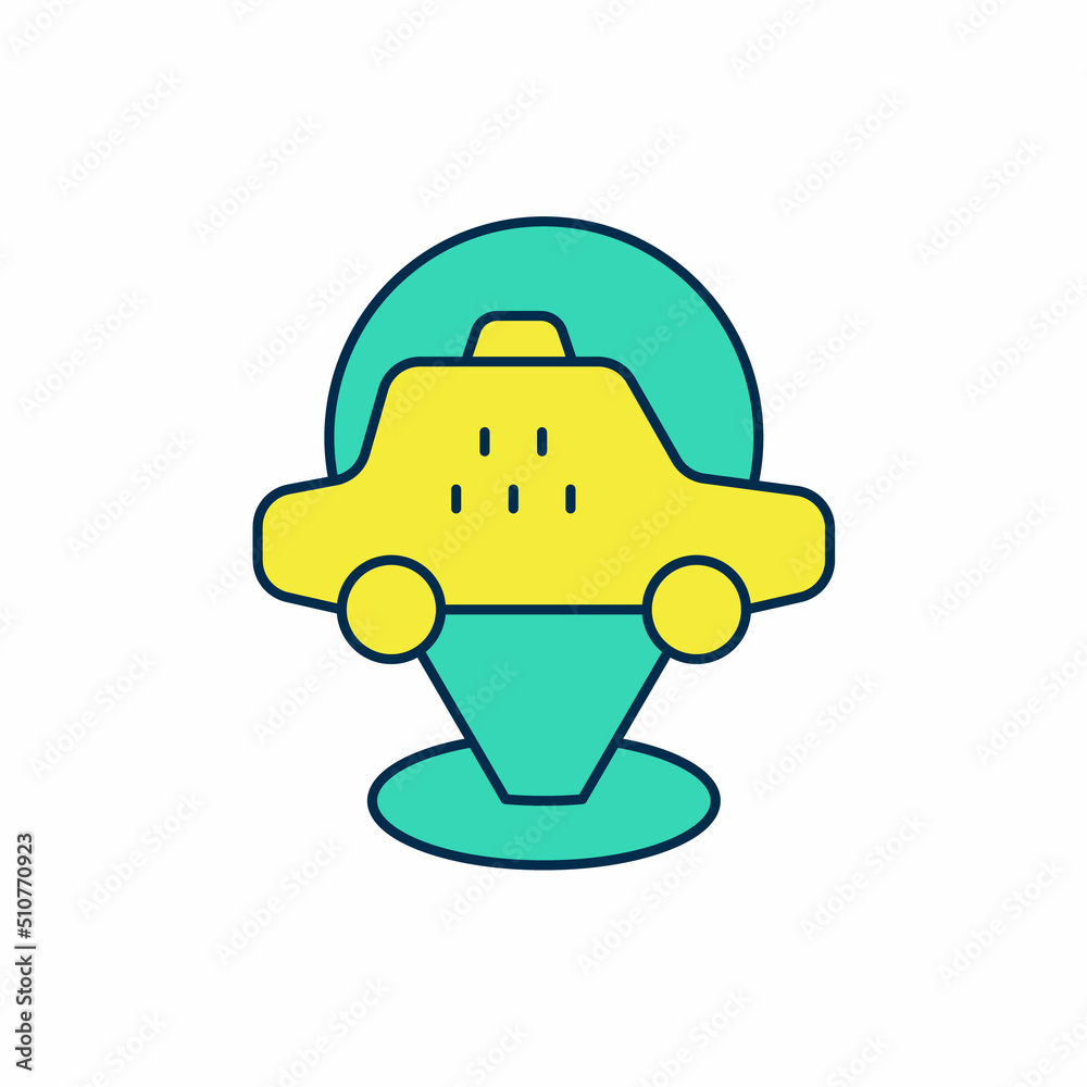 Filled outline Map pointer with taxi car icon isolated on white background. Location symbol. Vector