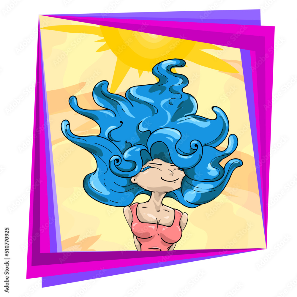 hermosa chica de cabello azul recibiendo aire feliz en un lindo atardecer