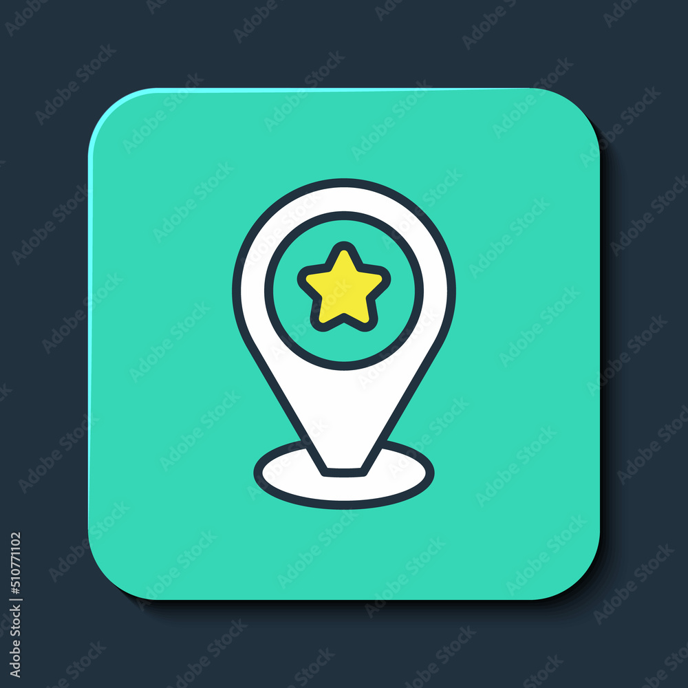 Filled outline Map pointer with star icon isolated on blue background. Star favorite pin map icon. Map markers. Turquoise square button. Vector