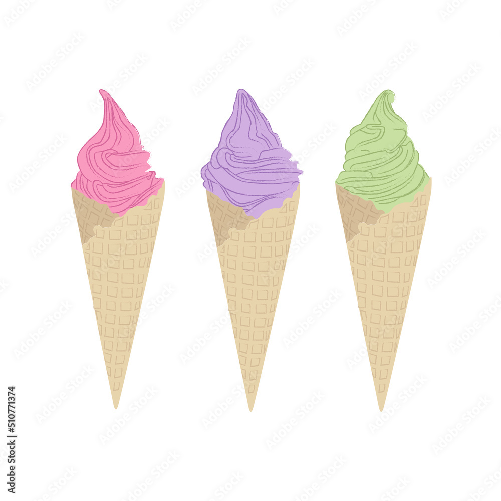 softserve ountline vector on white background for menu or advertising. Ice cream with three shape. Detail in waffle cone.