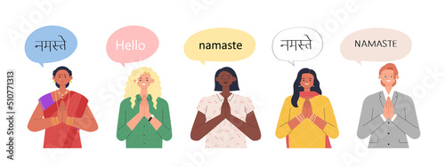 women of different races are holding hands and saying an Indian greeting. flat design style vector illustration. indian text translation: hello