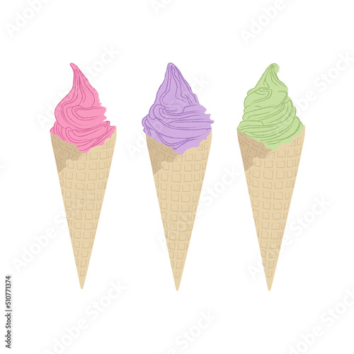 softserve ountline vector on white background for menu or advertising. Ice cream with three shape. Detail in waffle cone.