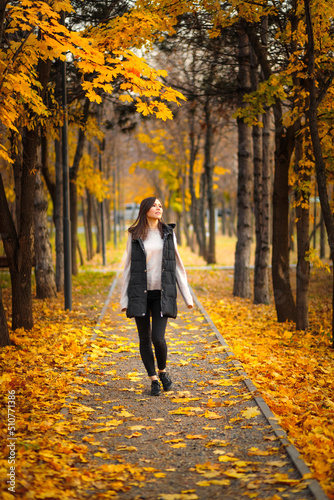 A young woman walks in an autumn park along an alley with fallen autumn leaves, copy space, vertical