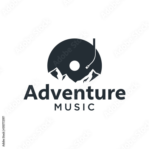 Adventure Music Logo with retro vinyl and mountain outdoor illustration