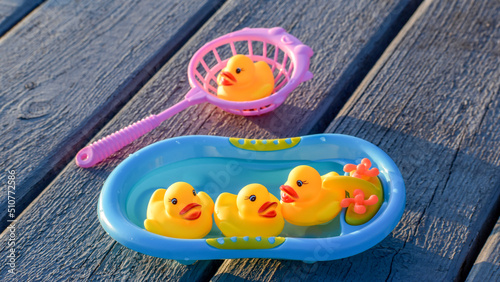 Fotografie Yellow plastic ducklings in a blue tub and a pink net