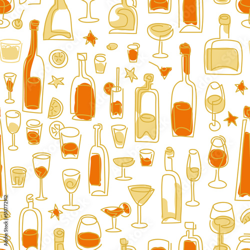 Wine and drinks seamless vector pattern. line art Wine bottle and wine glass vector illustration. Drink wine bar tile background photo