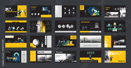 Business presentation, powerpoint, job a new business, financial annual report. Infographic, design yellow. template, white elements, black background, set. A team of people creates business, teamwork
