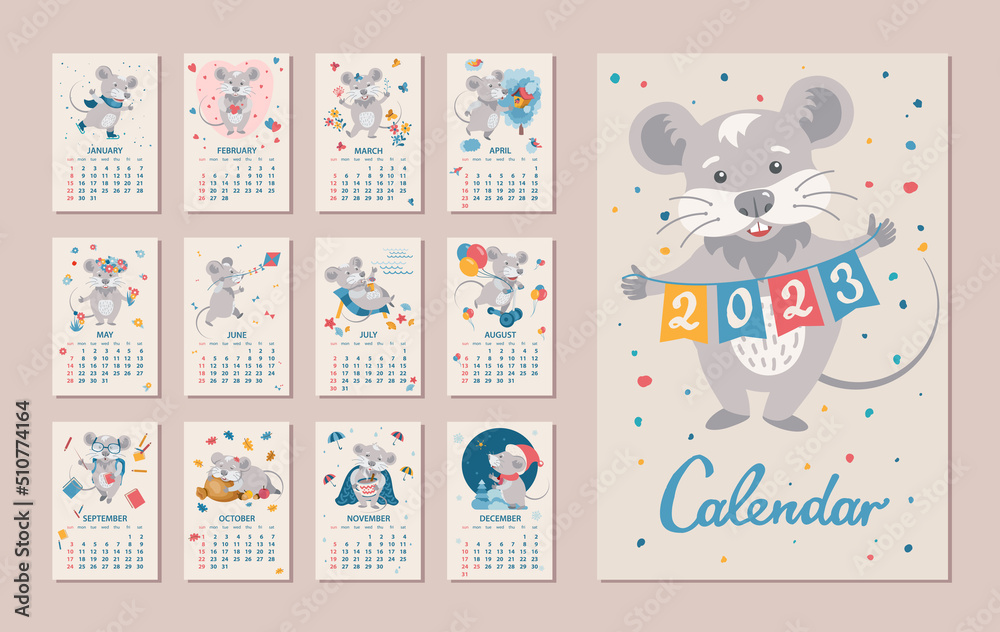 Monthly Calendar 2023 Year. Cute cartoon Mouse in different situations