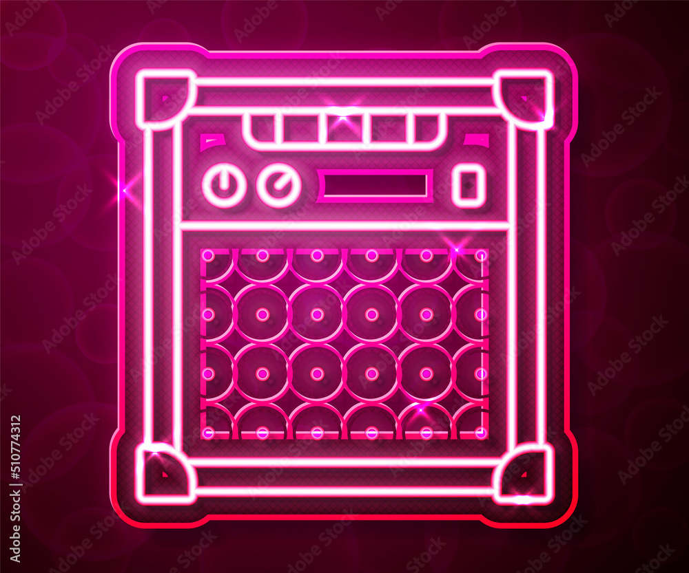 Glowing neon line Guitar amplifier icon isolated on red background. Musical instrument. Vector