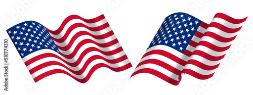 Flying American flag over white background.