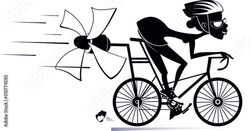 Cartoon woman rides a bike illustration. 
Young woman in helmet on the bike tries to ride faster using a propeller black on white background
