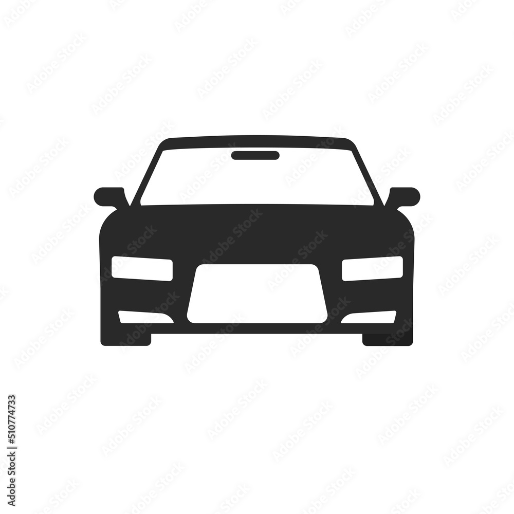 Car icon front vector black or automobile vehicle silhouette shape pictogram isolated on white background, race sport auto graphic clipart cut out image