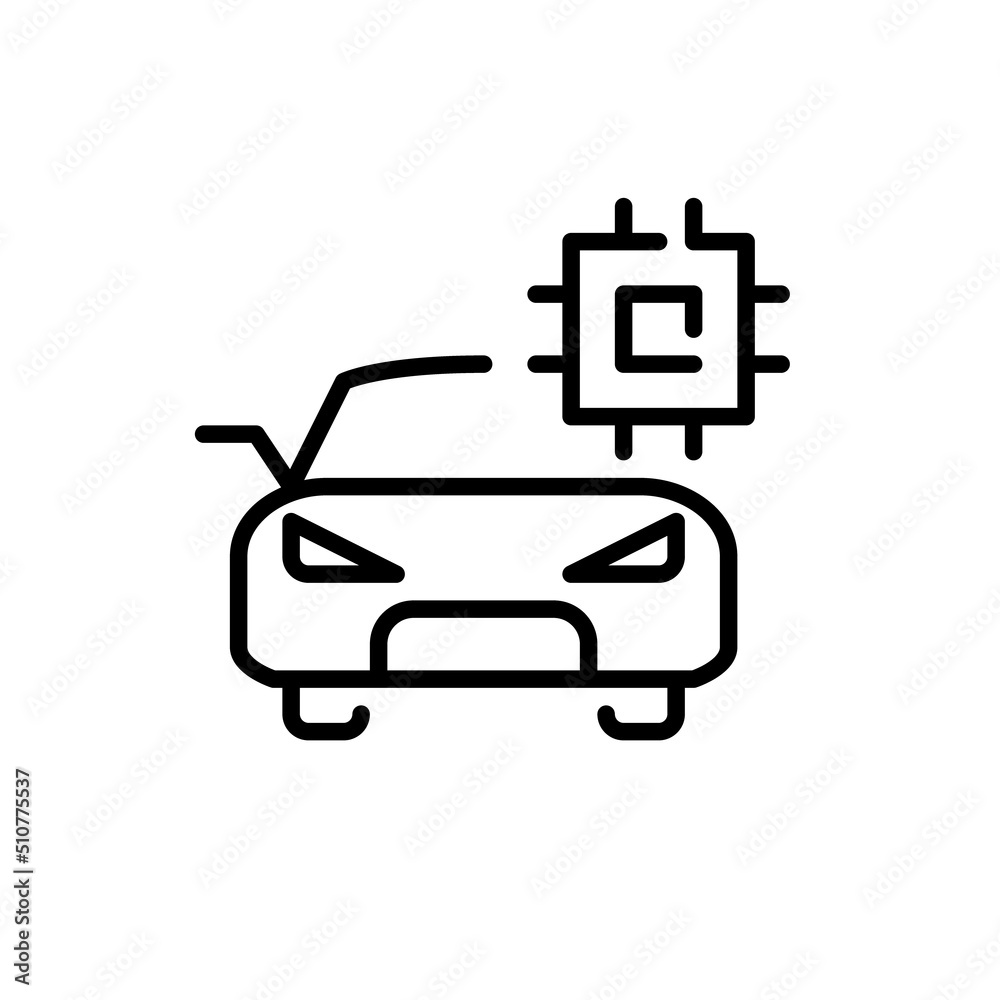 Smart car. CPU chip equipped vehicle. Pixel perfect, editable stroke line icon Smart car. CPU chip equipped vehicle. Pixel perfect, editable stroke line icon