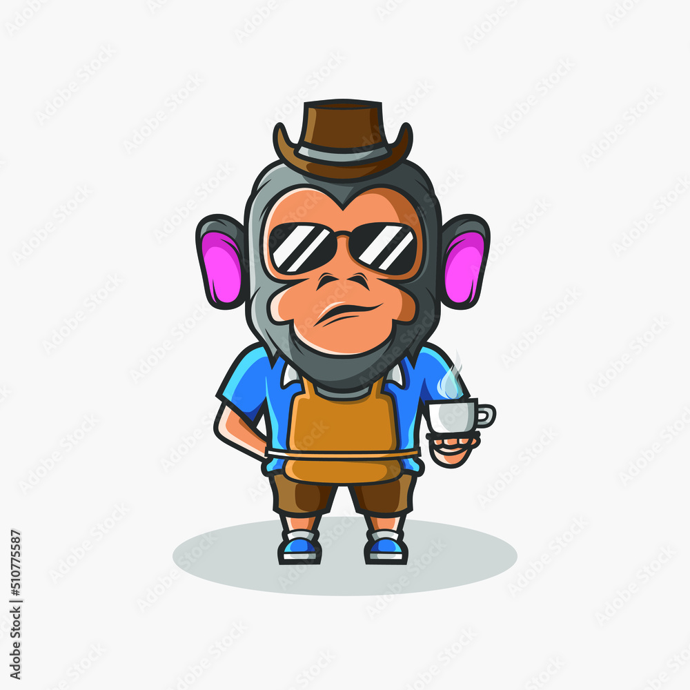 Cute coffee barista monkey character illustration. Simple animal vector design. Isolated with soft background. Cute coffee barista monkey character illustration. Simple animal vector design. Isolated with soft background.
