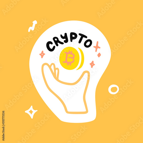 Hand and bitcoin coin with crypto inscription. Vector sticker illustration or icon in hand-drawn style.