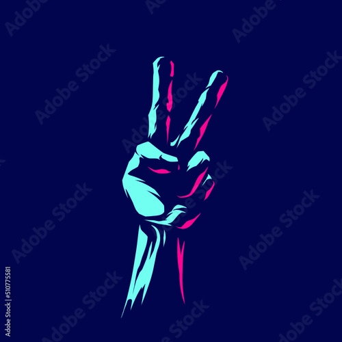 Peace hand neon line art potrait logo colorful design with dark background. Abstract vector illustration. Isolated black background for t-shirt, poster, clothing, merch, apparel, badge design
