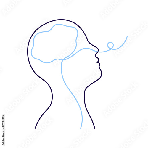 Breathing exercise, deep breath through nose for benefit and useful work brain. Art line drawing. Healthy yoga and relaxation. Vector outline illustration photo
