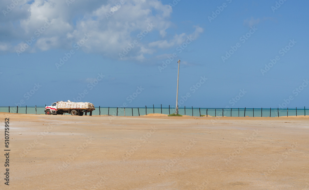 Truck in the salt mines at Manaure in the Colombian Guajira. Copy space.