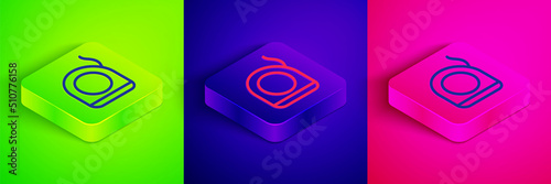 Isometric line Dental floss icon isolated on green, blue and pink background. Square button. Vector