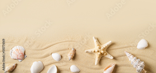 Fotografie, Obraz Summer vacation and beauty sand mock up with shell, starfish and sand on beige b