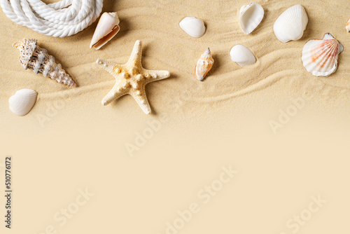 Summer vacation and beauty sand mock up with shell, starfish and sand on beige background,