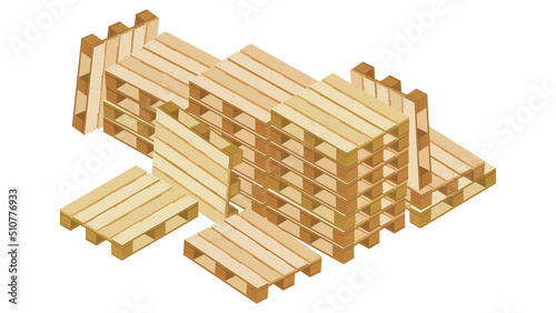 Huge pile of isometric pallets in stacks and many near lying and stand leaning for packaging and transportation isolated on white background.