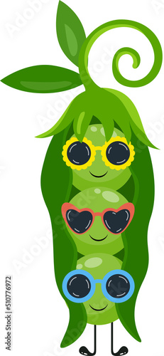 Funny green peas in a pod with sunglasses