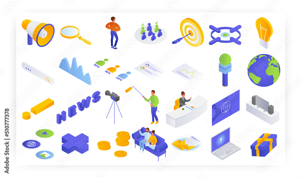 Tv news production and broadcasting, vector isometric icon set. Couple watching television news sitting on sofa.