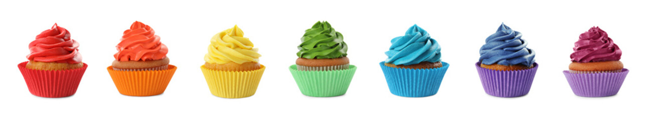 Set of colorful birthday cupcakes on white background. Banner design