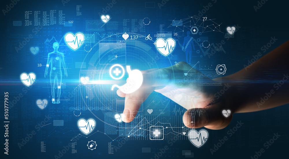 Doctor hand pressing futuristic health device with medical symbol on screen