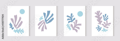 Abstract art set. Floral blue poster. Mid century print. Vector illustration. Matisse wall art. Purple and blue.