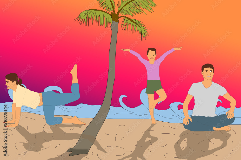 Mother, father and daughter doing yoga in lotus position. Family yoga illustration. Young people relaxing. Summer landscape background background.