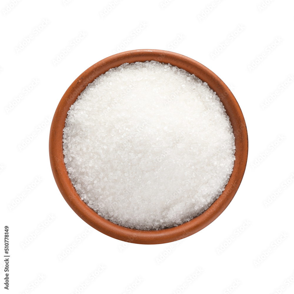 Granulated sugar in bowl isolated on white, top view Granulated sugar in bowl isolated on white, top view
