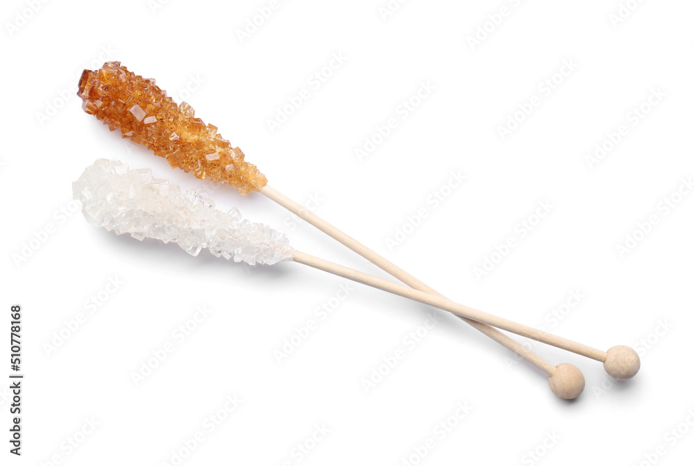Tsaty Rocks Wooden sticks with sugar crystals isolated on white, top view. Tasty ...