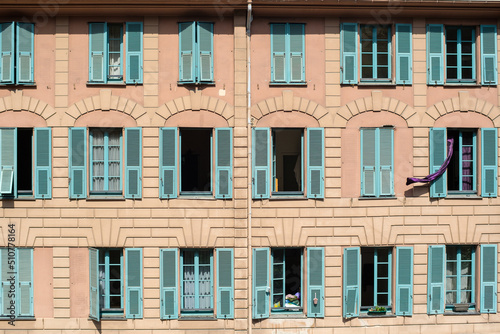 The facades of building in the city of Nice, French provence.