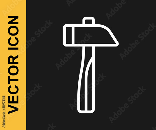 White line Hammer icon isolated on black background. Tool for repair. Vector
