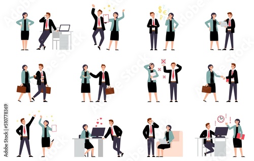 Office characters business collaboration. Time management scenes with professional people. Man and woman working together, isolated decent vector kit