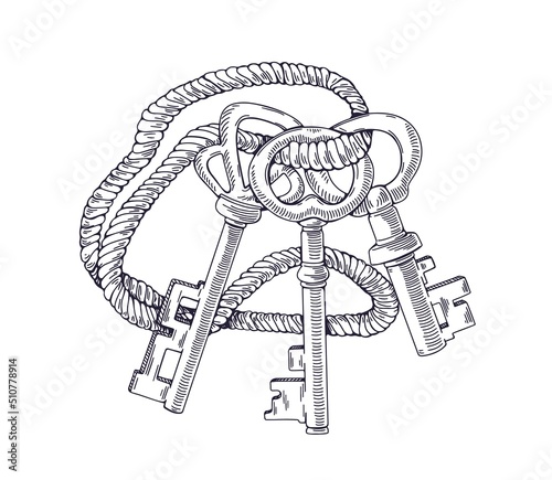 Old antique bunch of door keys attached to holder, tied with twine. Engraved vintage drawing of medieval unlocking item. Outlined hand-drawn vector illustration isolated on white background