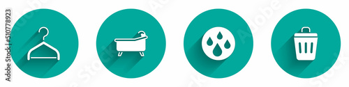 Set Hanger wardrobe, Bathtub, Water drop and Trash can icon with long shadow. Vector