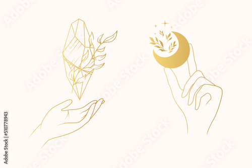 Golden celestial hands with mystical elements - moon, crystal and stars. Two vector boho illustrations isolated on white background.