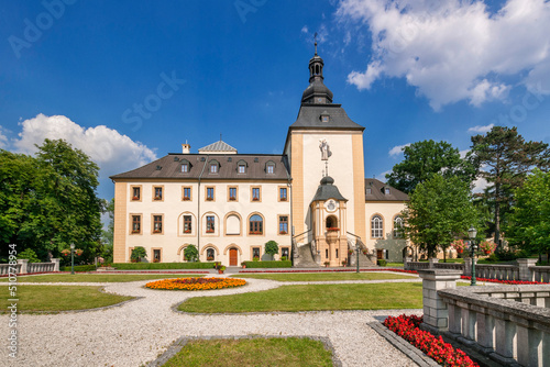 A late-baroque palace from the 17th/18th centuries with the sanctuary of Saint Jack. Kamień Śląski, Opole Voivodeship, Poland.