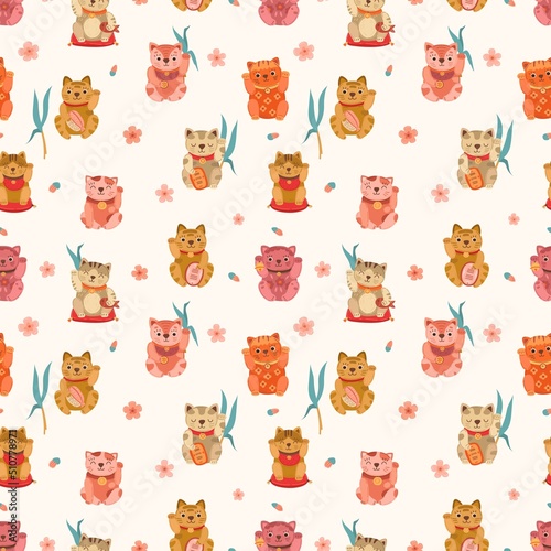 Fototapeta Naklejka Na Ścianę i Meble -  Cute neko cat and sakura flowers background. Japan cats, asian cartoon symbols fabric print. Childish style background, vector seamless pattern template